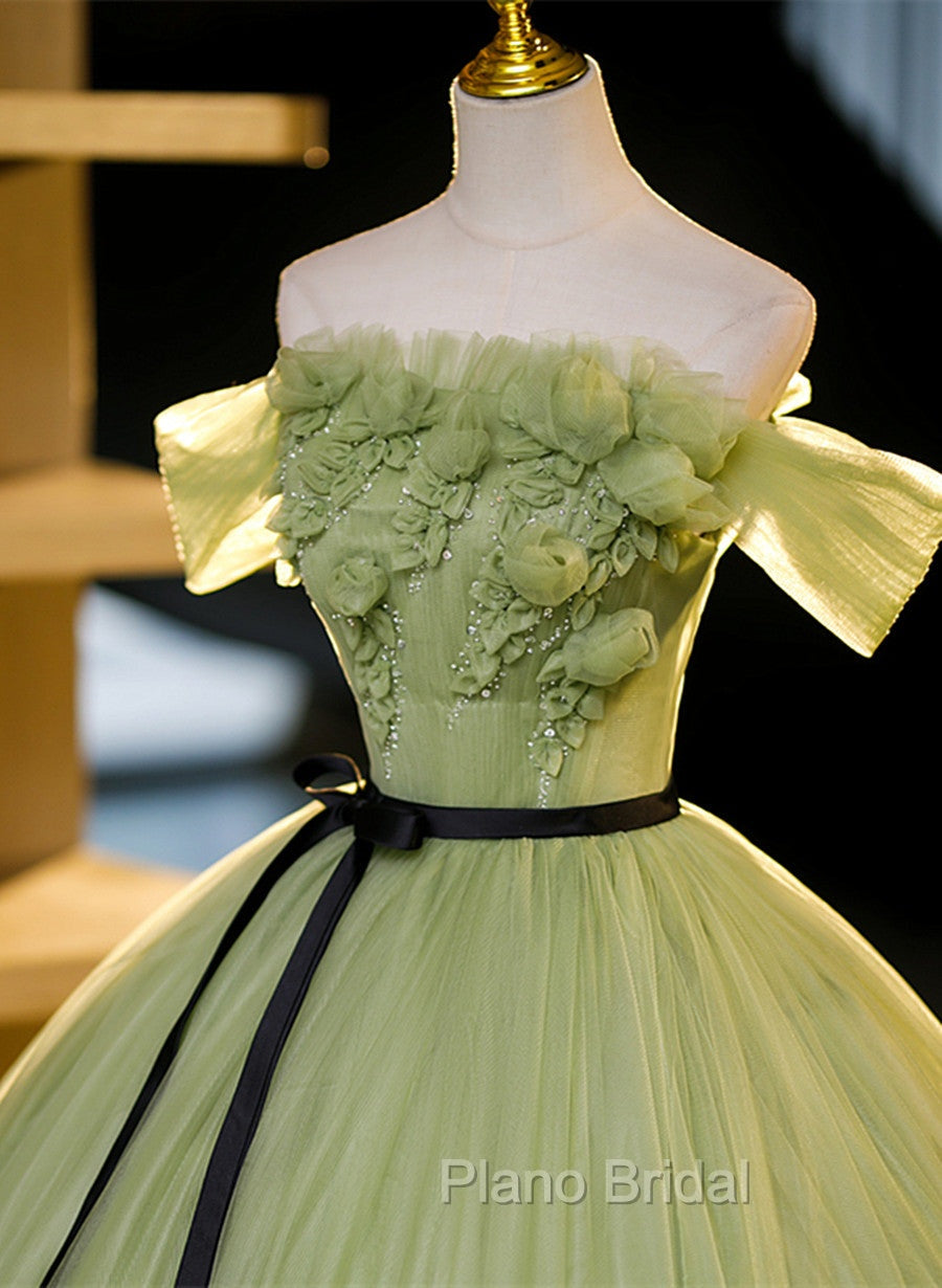 Geen Tulle A-line Formal Prom Dresses with FLowers, Off  Shoulder Tulle Party Dresses