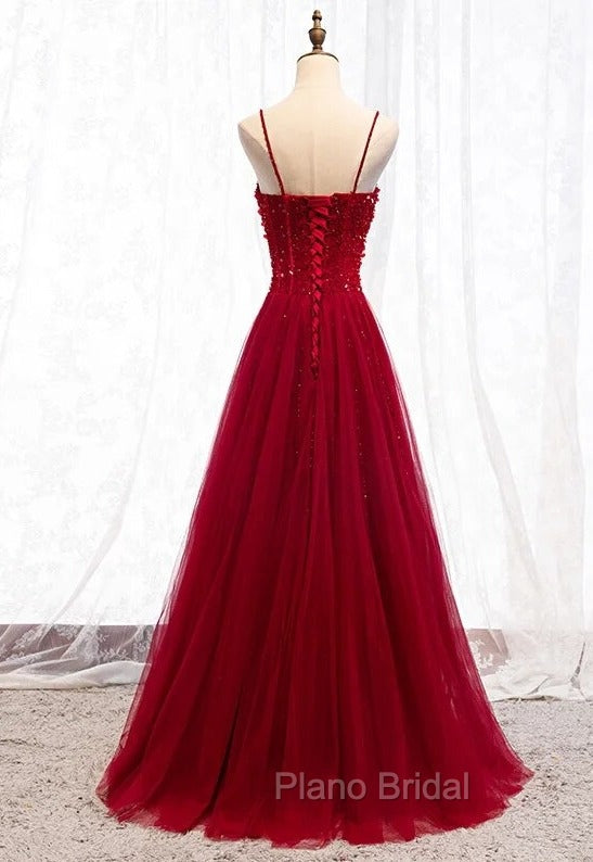 Gemgrace Burgundy Formal Prom Dresses, Long Tulle Formal Dresses With Straps Secondary image