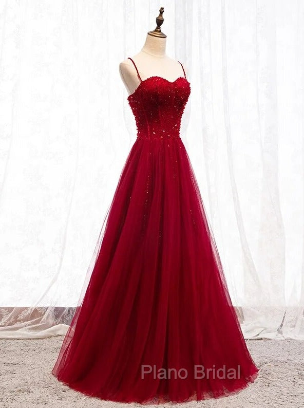 Gemgrace Burgundy Formal Prom Dresses, Long Tulle Formal Dresses With Straps