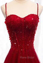 Gemgrace Burgundy Formal Prom Dresses, Long Tulle Formal Dresses With Straps