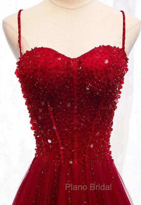 Gemgrace Burgundy Formal Prom Dresses, Long Tulle Formal Dresses With Straps