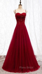 Gemgrace Burgundy Formal Prom Dresses, Long Tulle Formal Dresses With Straps