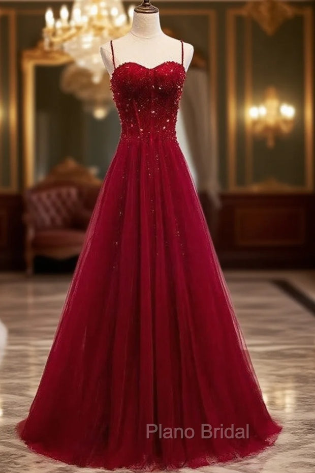 Gemgrace Burgundy Formal Prom Dresses, Long Tulle Formal Dresses With Straps