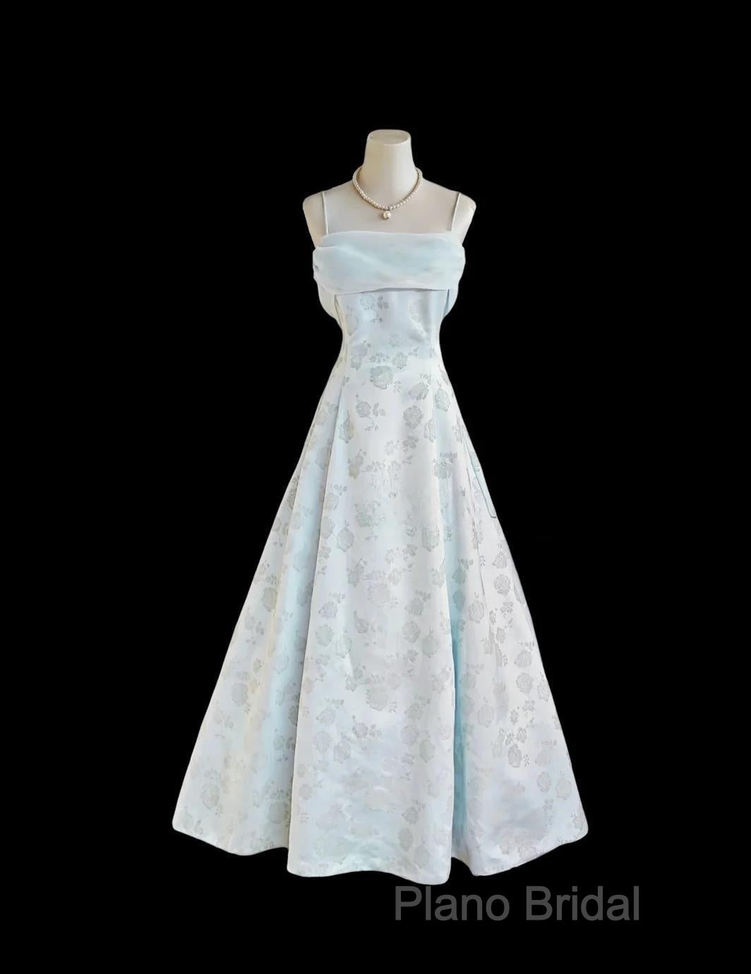 Gentle Blue A-Line Spaghetti Strap Satin Chiffon Long Formal Prom Dresses Birthday Dresses Graduation Formal Prom Dresses