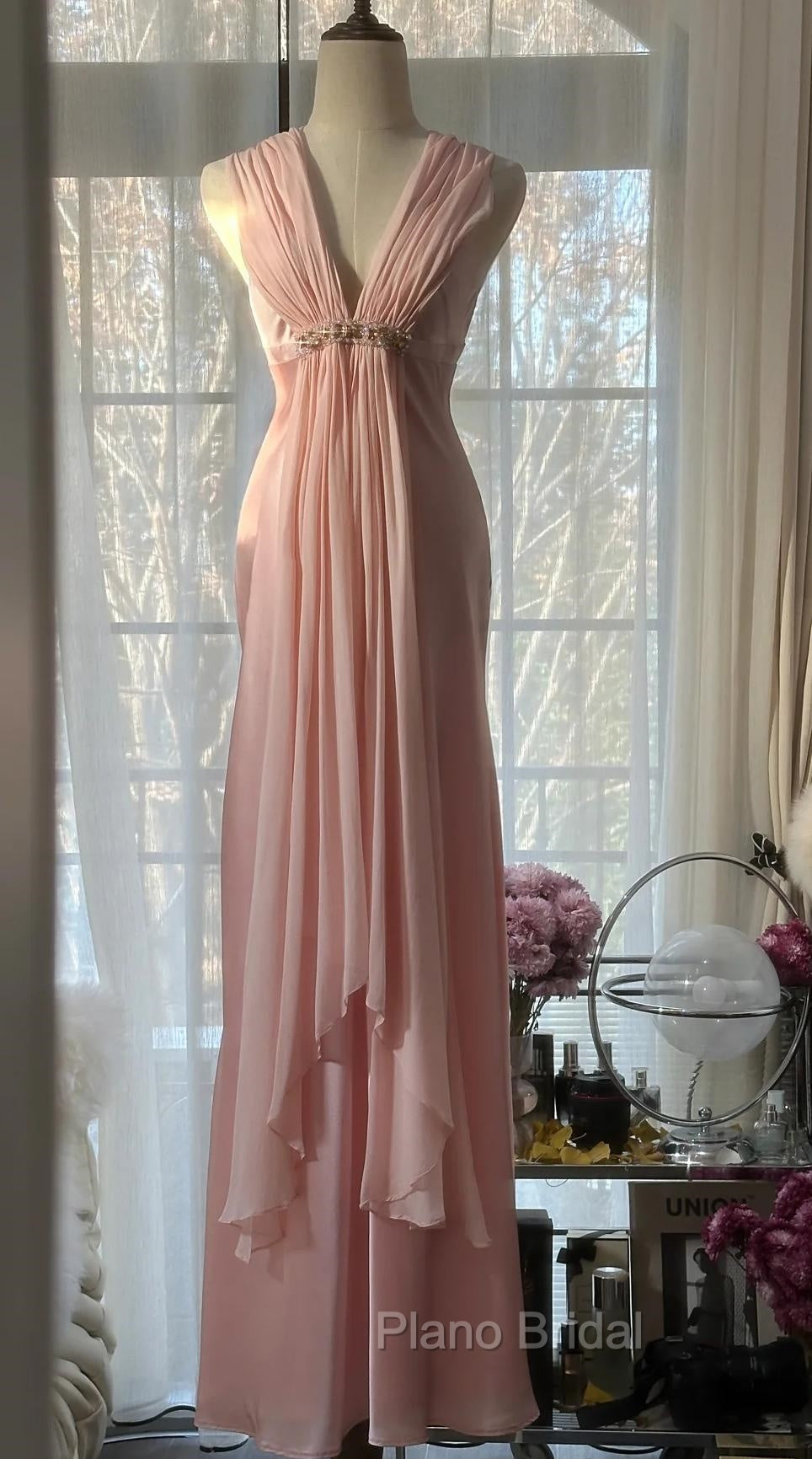 Gentle Pink Sheath Chiffon Ribbon V-Neck Simple Formal Prom Dresses Secondary image