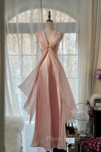 Gentle Pink Sheath Chiffon Ribbon V-Neck Simple Formal Prom Dresses