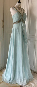Gentle Tiffany Blue Chiffon V-Neck Beaded Sequin A-Line Long Formal Prom Dresses Wedding Evening Dresses