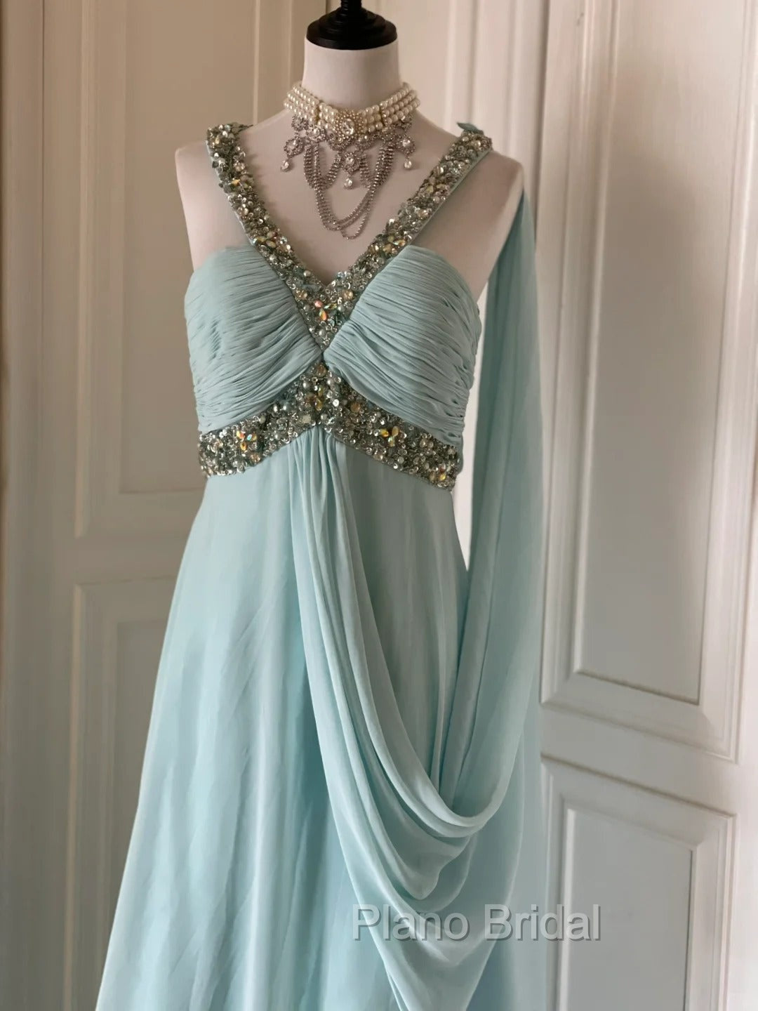 Gentle Tiffany Blue Chiffon V-Neck Beaded Sequin A-Line Long Formal Prom Dresses Wedding Evening Dresses