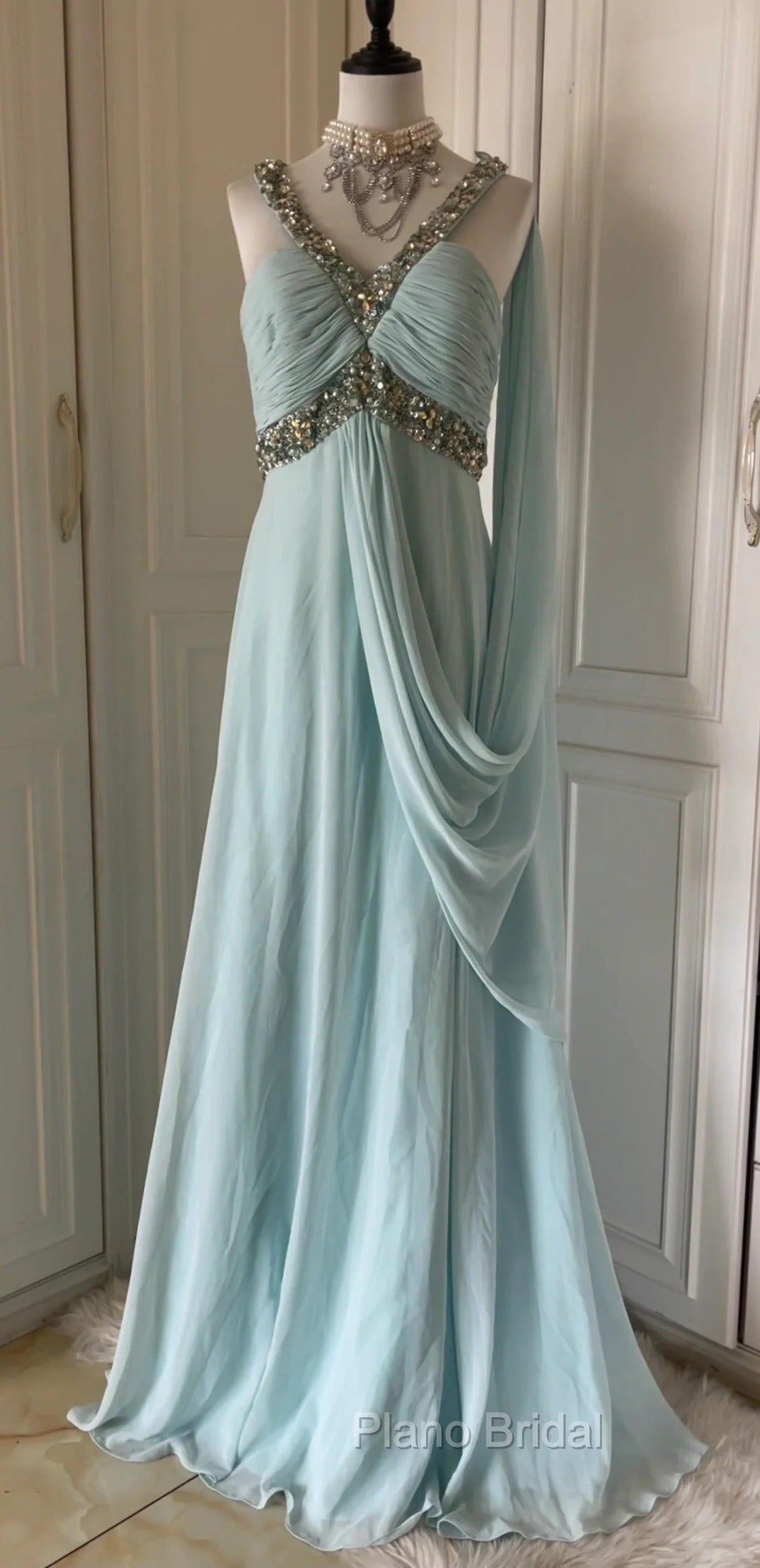 Gentle Tiffany Blue Chiffon V-Neck Beaded Sequin A-Line Long Formal Prom Dresses Wedding Evening Dresses