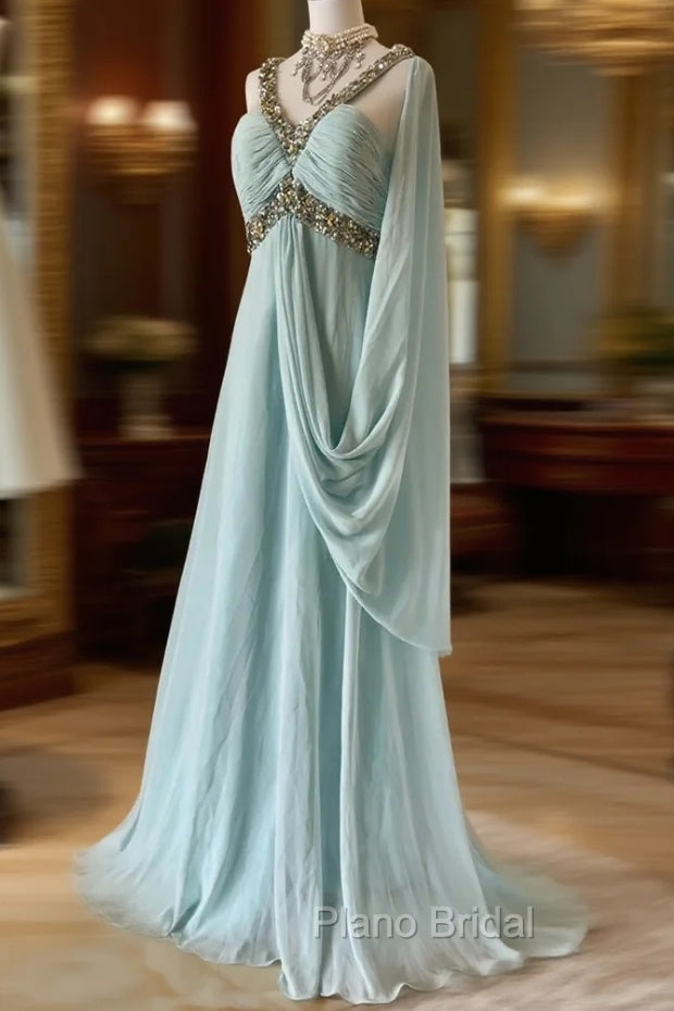Gentle Tiffany Blue Chiffon V-Neck Beaded Sequin A-Line Long Formal Prom Dresses Wedding Evening Dresses Main image