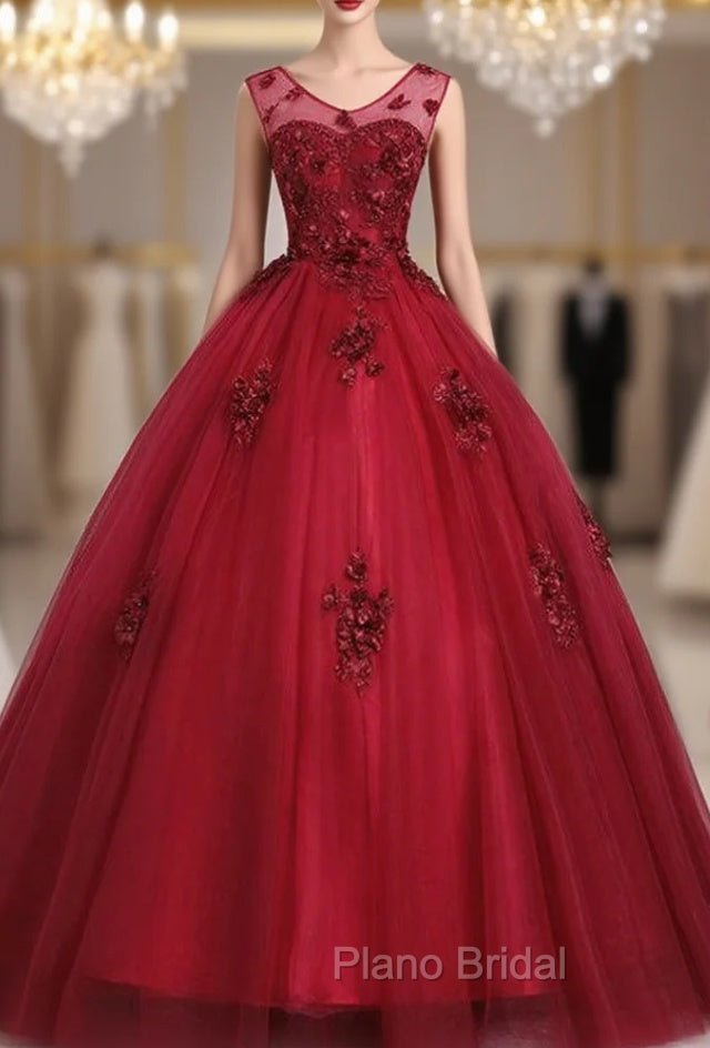 Get Your Discounts Burgundy Ball Gown Tulle Appliques V-neck Quinceanera Dresses