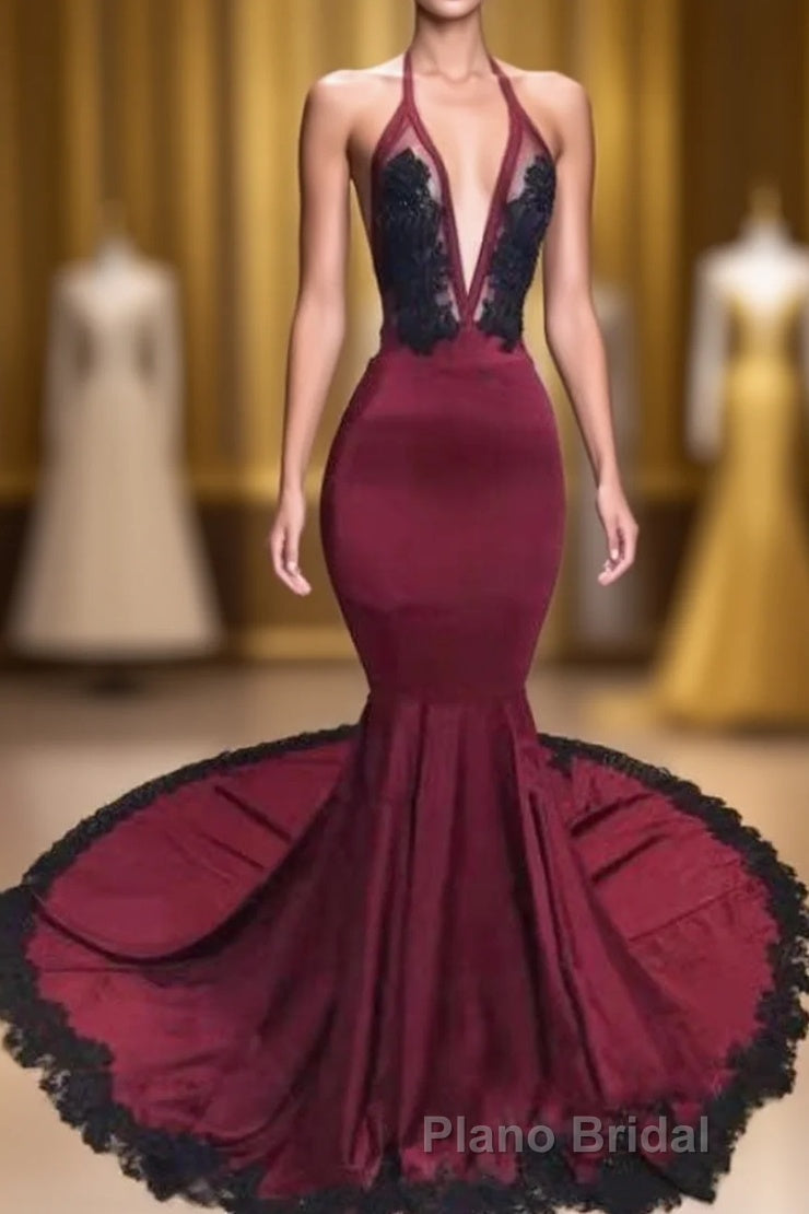 Burgundy Halter Deep V Neck Mermaid Formal Prom Dresses with Lace, Long Evening Gown Main image