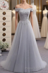 Gray A Line Lace Off Shoulder Formal Prom Dresses, Lace Evening Dresses