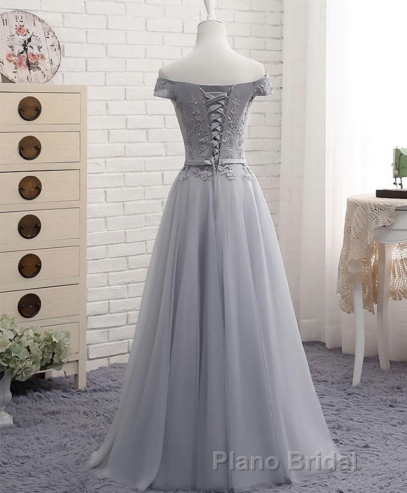Gray A Line Lace Off Shoulder Formal Prom Dresses, Lace Evening Dresses Secondary image