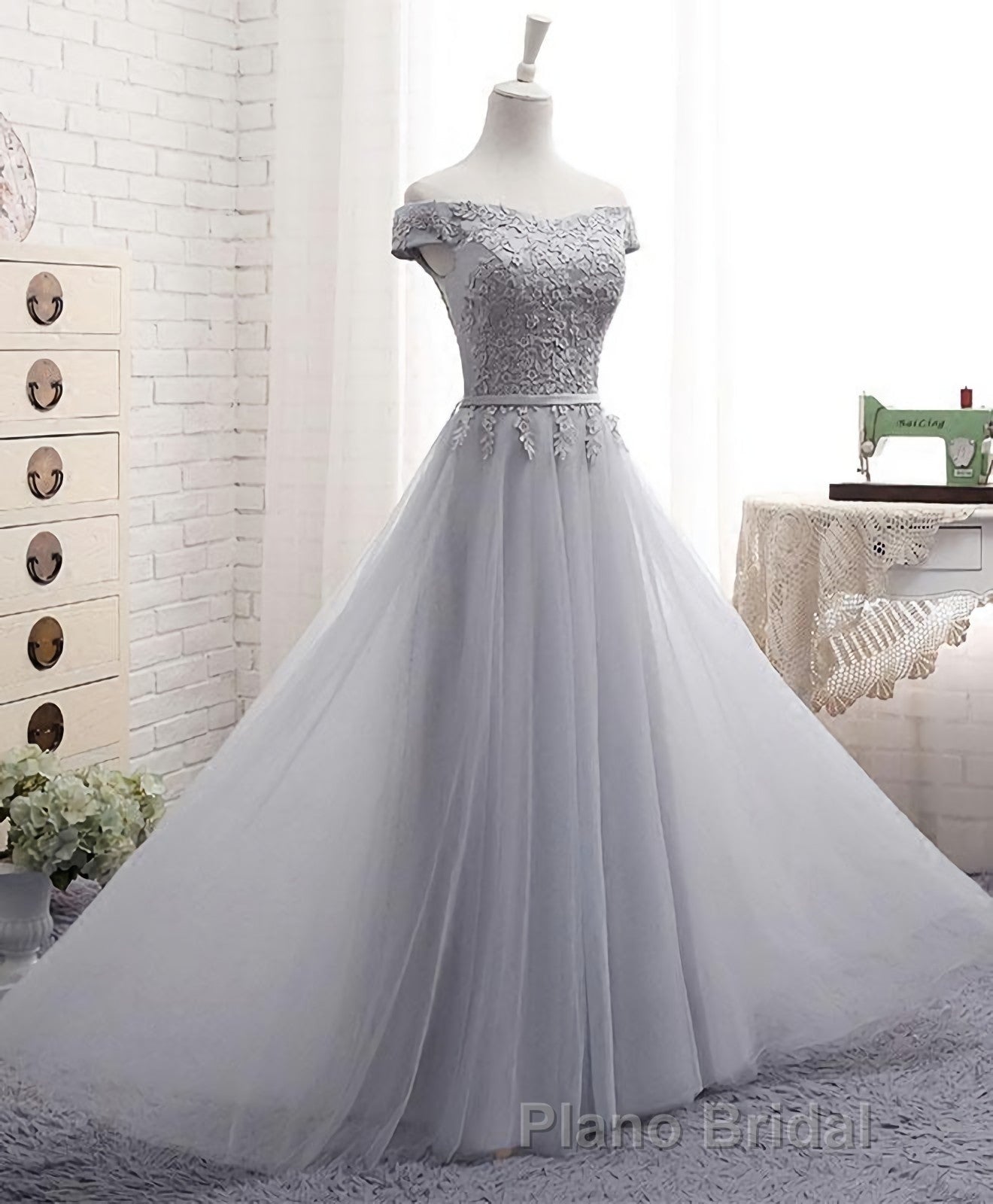 Gray A Line Lace Off Shoulder Formal Prom Dresses, Lace Evening Dresses