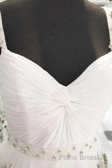 White Straps Floor Length Long Formal Prom Dresses with Lace Flowers Prom Dresses