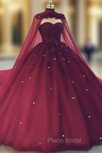 Glam Ball Gown Quinceanera Dresses Lace Applique Beaded Cape, Wine Red Formal Dresses Party Gowns