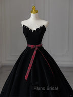 Glam Black V-Neckline Velvet Lace-Up Party Dresses, Black Velvet Floor Length Formal Prom Dresses