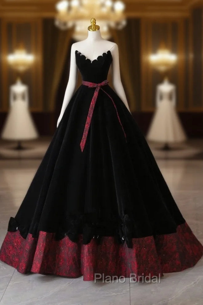 Glam Black V-Neckline Velvet Lace-Up Party Dresses, Black Velvet Floor Length Formal Prom Dresses Main image
