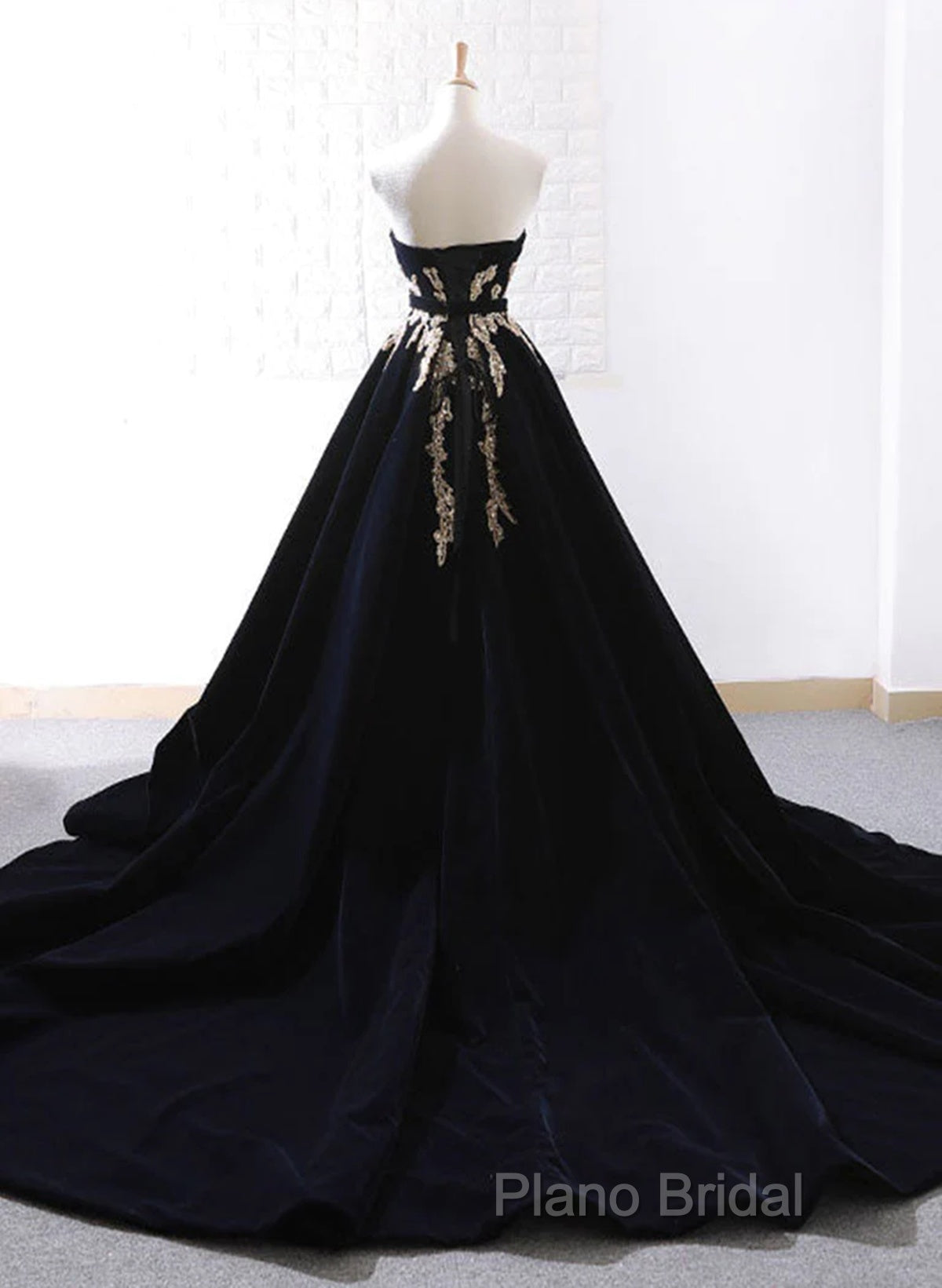 Glam Black Velvet Long Formal Gown With Gold Lace, Black Velvet Formal Prom Dresses Formal Dresses Secondary image