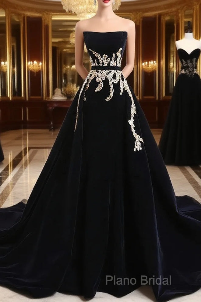 Glam Black Velvet Long Formal Gown With Gold Lace, Black Velvet Formal Prom Dresses Formal Dresses Main image