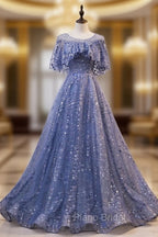 Glam Blue Off Shoulder Lace-up Long Evening Dressess Party Dresses, Blue Wedding Party Dresses Formal Prom Dresses