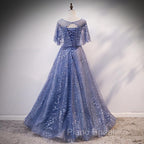 Glam Blue Off Shoulder Lace-up Long Evening Dressess Party Dresses, Blue Wedding Party Dresses Formal Prom Dresses