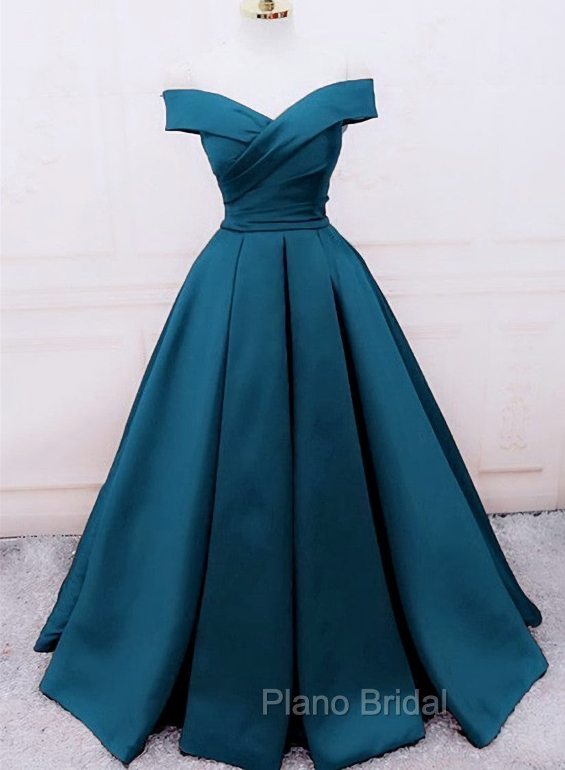Glam Blue Satin Long Off Shoulder Party Dresses, A-line Formal Prom Dresses Main image