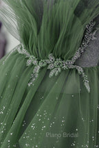 Glam Green Layers Tulle Straps Beaded Long Party Dresses, Green Long Formal Dresses