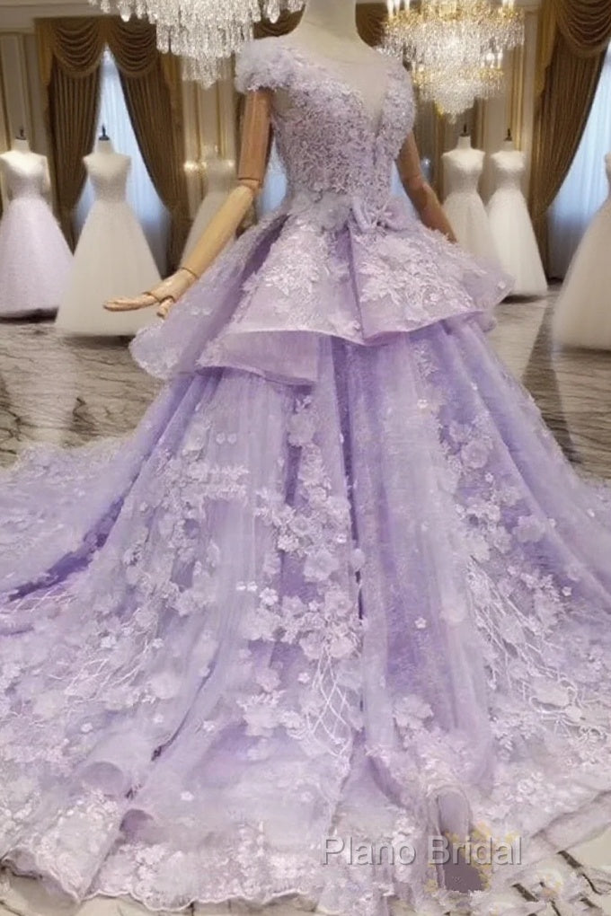 Glam Light Purple Tulle With Lace Applique Sweet 16 Dresses, Light Purple Formal Prom Dresses