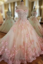 Glam Pink Flowers Tulle Off Shoulder Sweet 16 Dresses, Ball Gown Formal Dresses