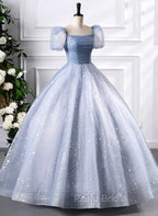 Glam Tulle  Floor Length Formal Prom Dresses, Beautiful Short Sleeves Sweet 16 Dresses