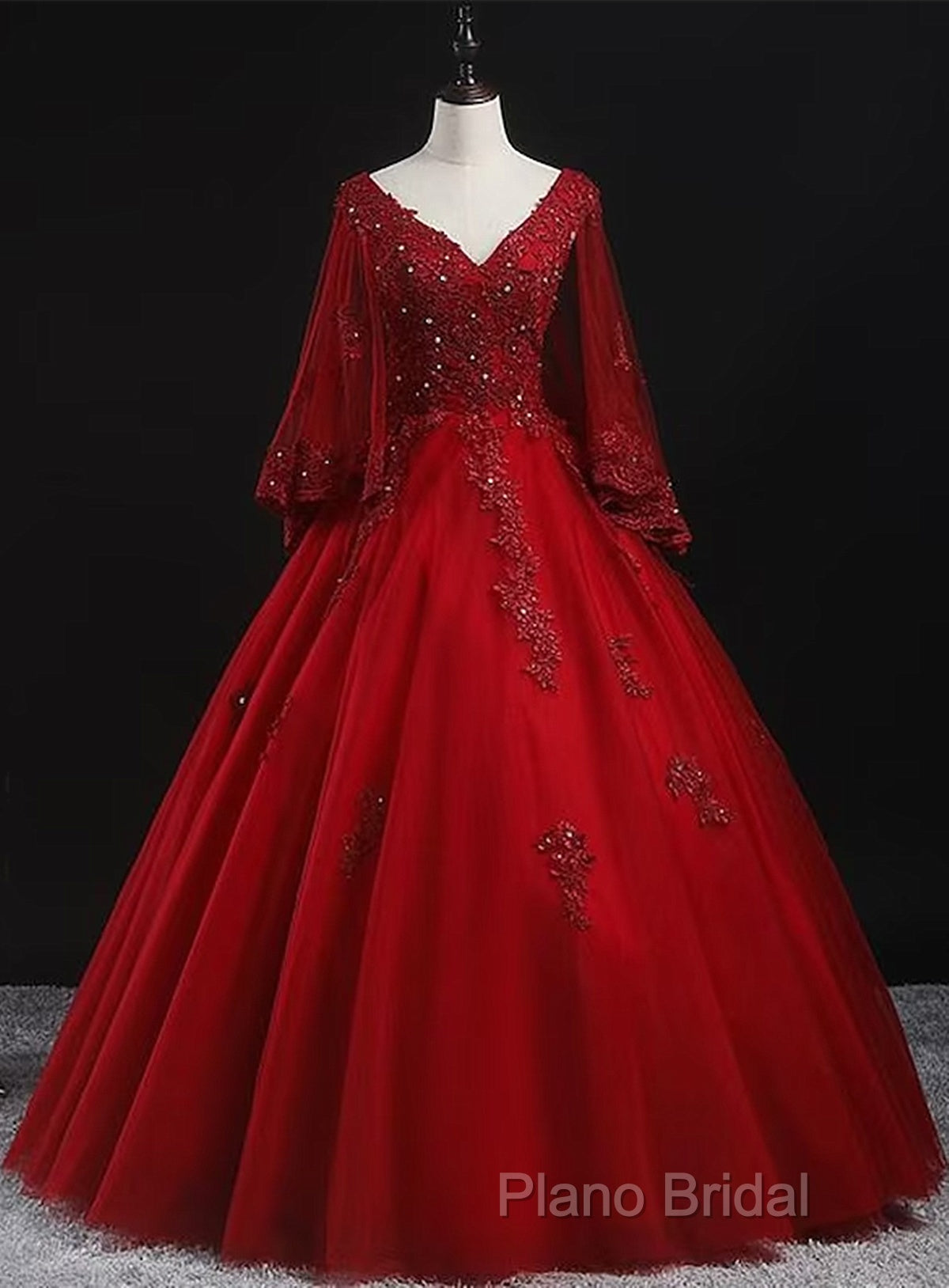 Glam Tulle With Lace Applique Ball Gown Sweet 16 Dresses, Beaded Formal Prom Dresses Formal Dresses