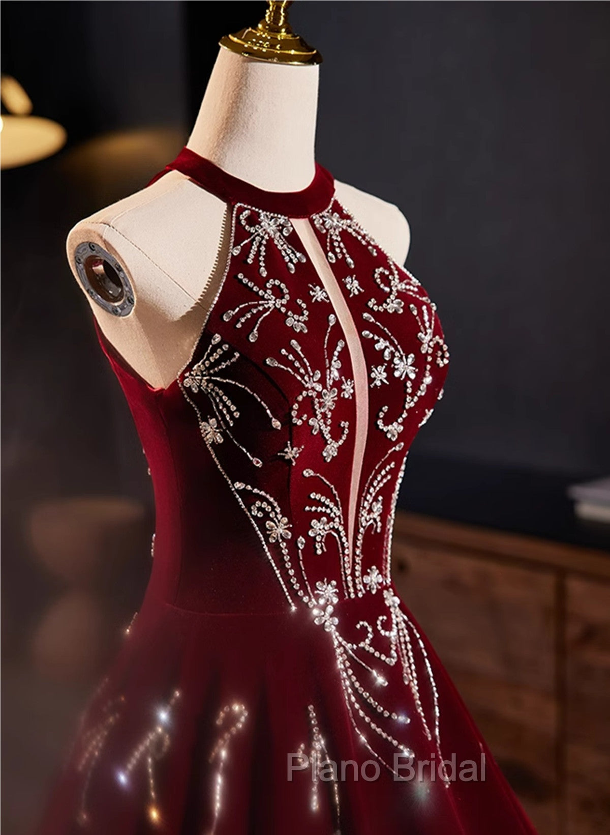 Glam Wine Red Beaded Velvet Halter Evening Dresses, Wine Red Velvet Formal Prom Dresses Secondary image