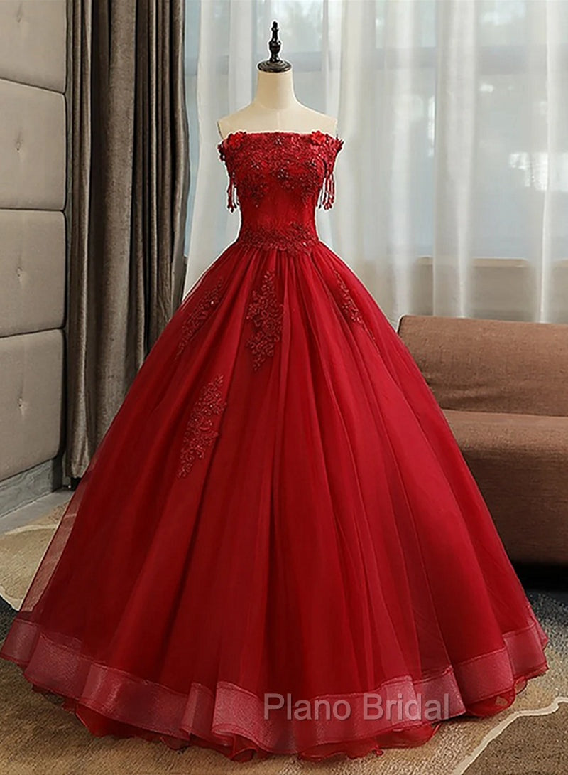 Glam Wine Red Quinceanera Dresses Party Dresses, Tulle Long Embroidered with Flowers Formal Dresses Main image