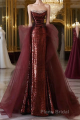 Glam Wine Red Sequins And Tulle Long Party Dress, Wine Red Evening Dress Formal Prom Dress