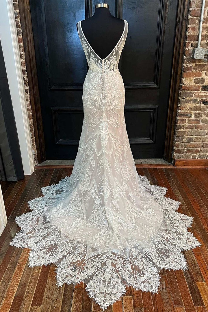 Glamorous Beige Lace V-Neck Backless Mermaid Long Wedding Dresses Sexy