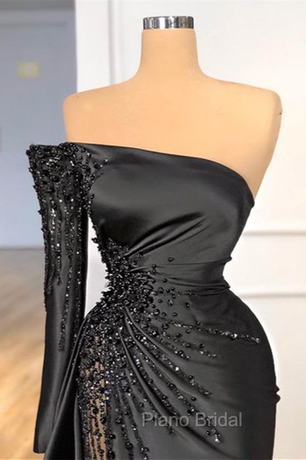 Glamorous Black Long Sleeve One Shoulder Formal Prom Dresses Beadings Evening Gowns Secondary image