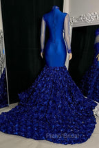 Glamorous High Neck Long Sleeves Formal Prom Dresses Mermaid Flowers Bottom With Beads