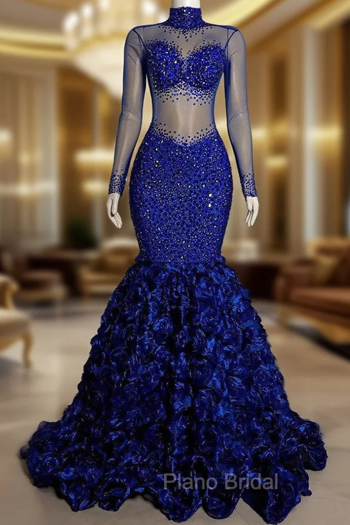 Glamorous High Neck Long Sleeves Formal Prom Dresses Mermaid Flowers Bottom With Beads