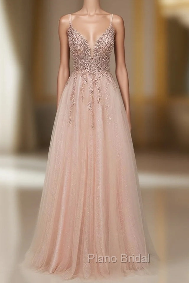 Glamorous Long A-line Sequins V-Neck Open Back Evening Formal Prom Dresses