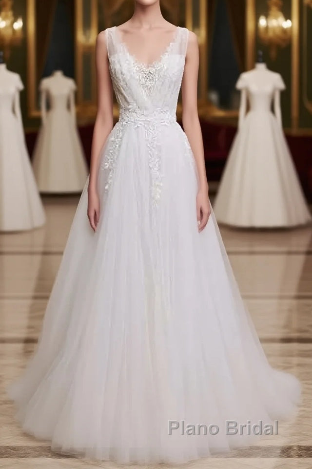 Glamorous Long A-line V-Neck Backless Tulle Wedding Dresses