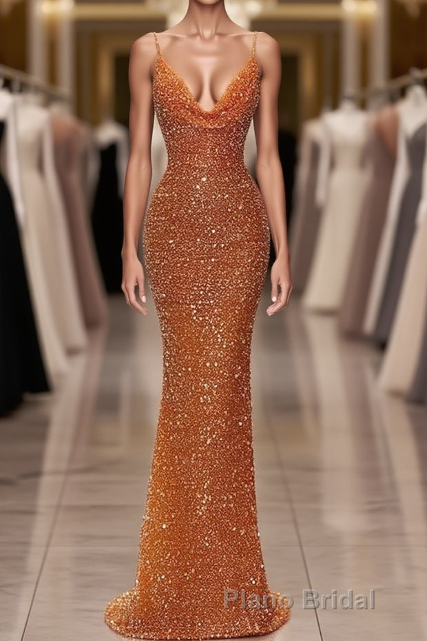 Glamorous Long Mermaid Spaghetti Straps Sequined Formal Prom Dresses Main image