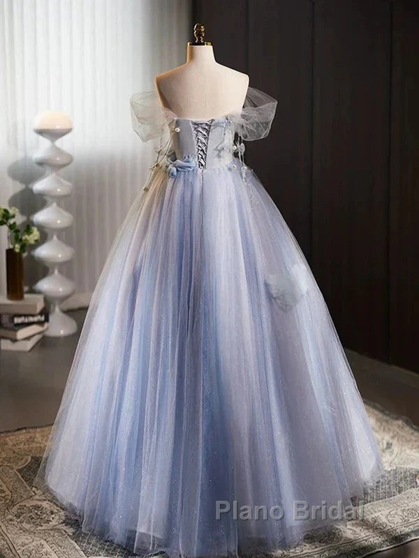 Glitter A-Line Off Shoulder Tulle Flower Quinceanera Dresses Blue Long Formal Prom Dresses Beautiful Secondary image