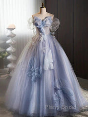 Glitter A-Line Off Shoulder Tulle Flower Quinceanera Dresses Blue Long Formal Prom Dresses Beautiful