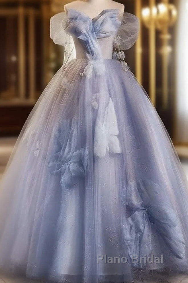 Glitter A-Line Off Shoulder Tulle Flower Quinceanera Dresses Blue Long Formal Prom Dresses Beautiful Main image