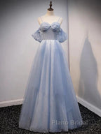 Glitter A-Line Princess Off Shoulder Tulle Gray Blue Long Formal Prom Dresses Sparkly Evening Dresses