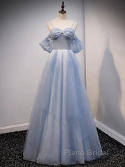 Glitter A-Line Princess Off Shoulder Tulle Gray Blue Long Formal Prom Dresses Sparkly Evening Dresses