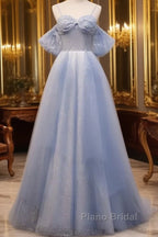 Glitter A-Line Princess Off Shoulder Tulle Gray Blue Long Formal Prom Dresses Sparkly Evening Dresses