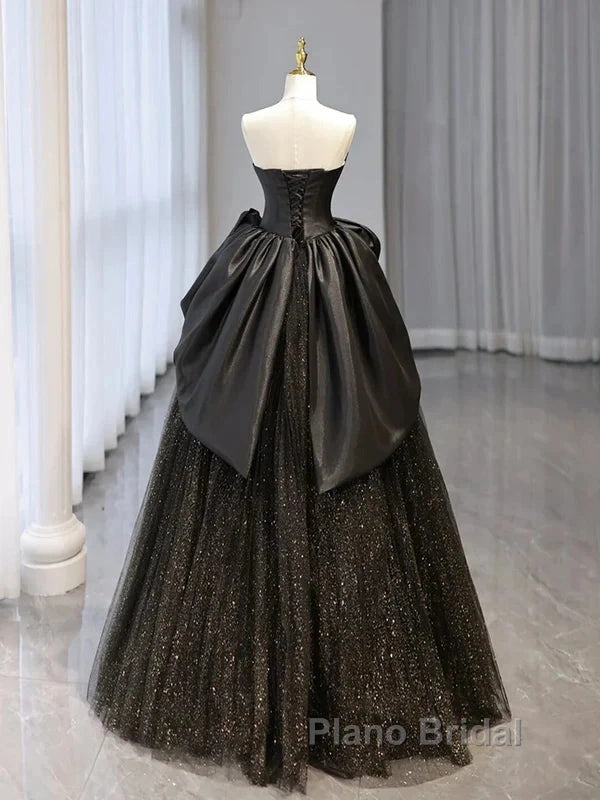 Glitter A-Line Sweetheart Neck Tulle Satin Ballgown Black Long Formal Prom Dresses Sparkly Evening Dresses Secondary image